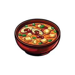 Vector illustration of a bowl of vibrant hot and sour soup with tofu, mushrooms, and peas.