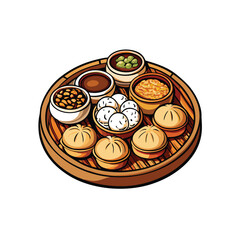 Generate a vector illustration of a traditional dim sum feast with various steamed buns, dumplings, and side dishes.