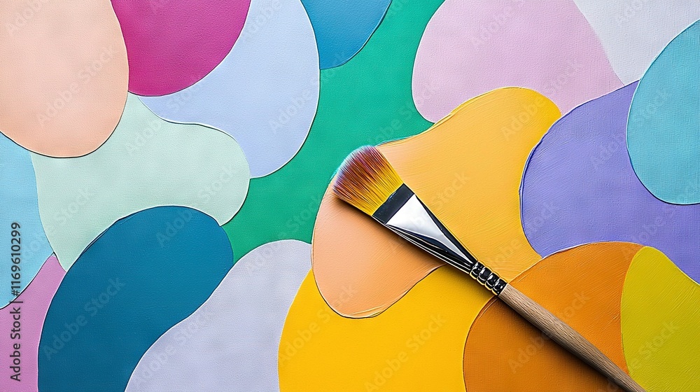 Poster a brush resting on a colorful wall with a vibrant pattern painted on its edge