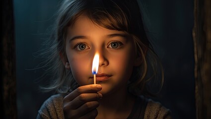 Obraz premium Child Holding a Lit Match in the Dark