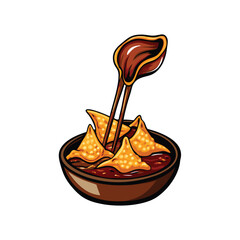 Vector illustration of crispy wontons being dipped into a bowl of soy sauce.