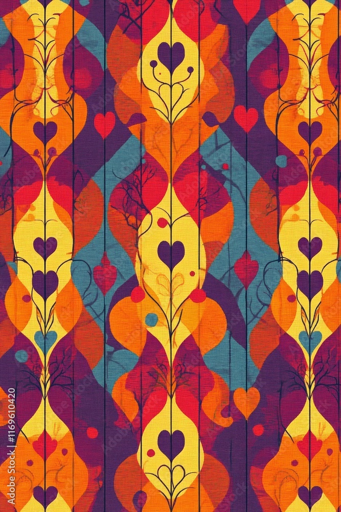 Poster decorative art deco pattern featuring alternating hearts and diamonds creating a vibrant and colorfu