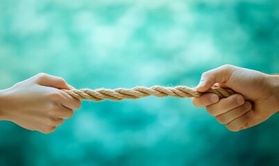 Two hands tugging thick rope, teal backdrop.