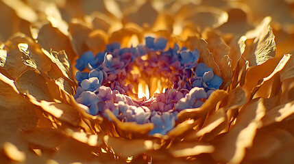 Close-up of dried flower petals surrounding small purple and blue flowers in the center, lit from within.