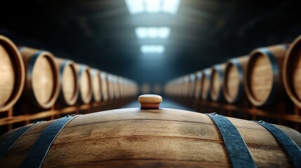 This close-up view highlights the textures of wooden barrels stacked neatly in a winery, emphasizing craftsmanship and the brewing process in a beautifully lit environment.