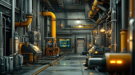 Futuristic Industrial Corridor With Yellow Pipes And Control Panel