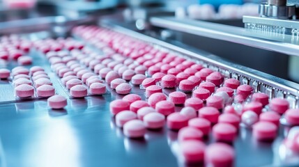 Obraz premium Pink pills moving on automated production line.