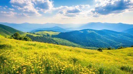 Fototapeta premium Yellow wildflowers bloom across a mountain meadow