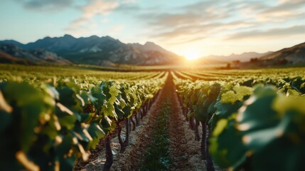 Naklejka premium A picturesque vineyard bathed in golden sunlight, showcasing rows of grapevines that stretch toward the horizon, with mountains and clouds adding depth to the scene.