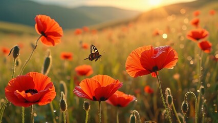 Obraz premium Stunning Sunset Poppy Field with Butterfly
