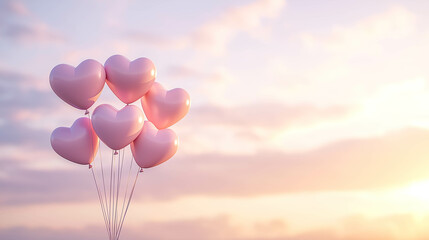 Fototapeta premium romantic horizontal banner with pastel heart-shaped balloons floating against a pale lavender sky, valentine's day concept, copyspace