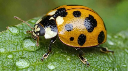 Fototapeta premium Orange Ladybug With Black Spots On A Leaf