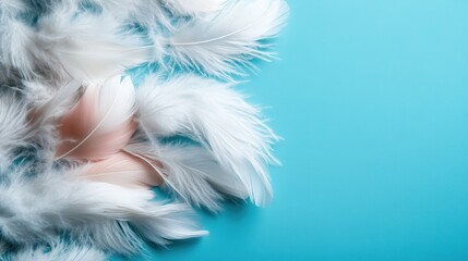 Obraz premium An arrangement of soft white and pink feathers laid gently on a calm blue surface, presenting a serene and tranquil aesthetic that highlights the beauty of natural elements.