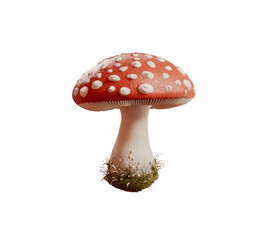 Obraz premium 3D illustration of a red mushroom with white spots, showcasing its whimsical design. Ideal for fantasy or natural designs involving fungi. Isolated on transparent background, png