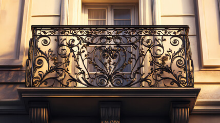 Decorative iron balcony in an old european street, intricate wrought-iron pattern, evening light. Wroughtiron. Illustration