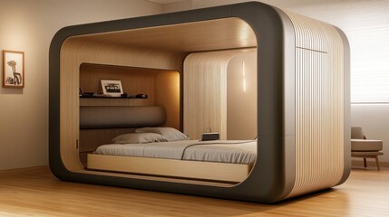 Fototapeta premium Modern Wooden Bed Encased In A Unique Cuboid Structure