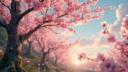 Fototapeta premium Enchanting Pink Cherry Blossom Trees at Sunset
