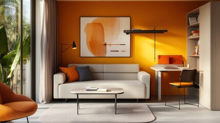 Modern Living Room Apartment Design With Orange Accents