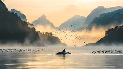 A whale surrounded by seabirds, with a misty fjord as the background, during a tranquil evening