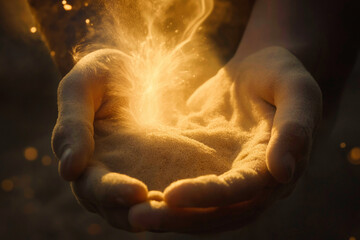 Hands holding a handful of glowing sand with a mystical aura at sunset