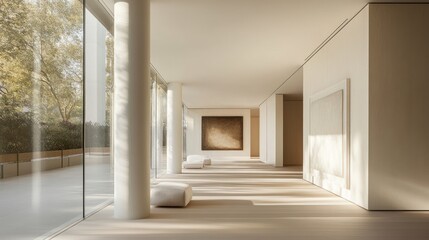 Sunlit Minimalist Gallery Corridor With Modern Artwork