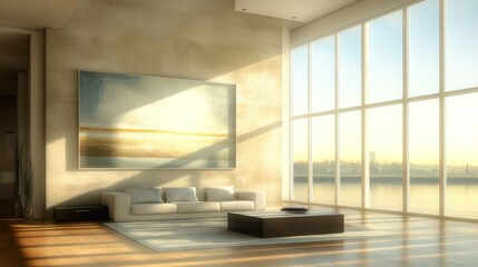 Obraz premium Modern Living Room With Large Window And Abstract Art