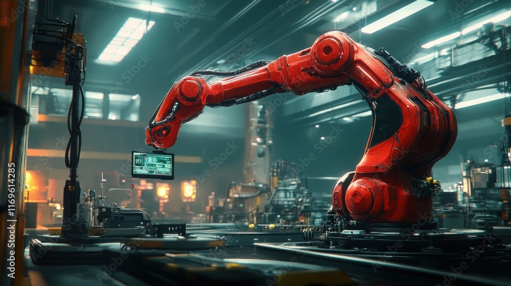 Poster Red Robotic Arm In A Futuristic Factory Setting