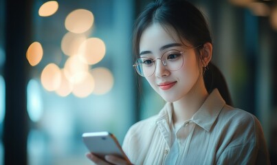 Fototapeta premium Woman glasses phone bokeh night indoors.