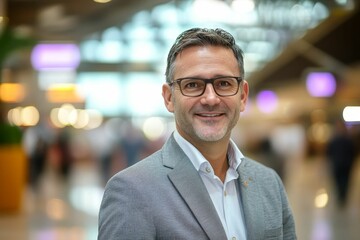 Fototapeta premium Smiling man, glasses, suit, blurred background.