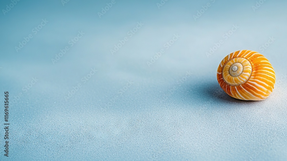 Poster close-up of an orange shell on a blue background with a tiny white dot inside it