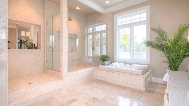 Luxurious Bathroom Featuring Double Shower And Built In Bench