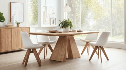Modern Dining Room Set With Wooden Table And White Chairs