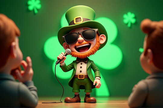 A cheerful leprechaun in a green suit sings on stage with a microphone, wearing sunglasses, under glowing shamrock lights. 3D illustration, St.Patrick's day