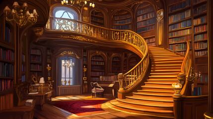 Obraz premium A luxurious library with a curved staircase and rich wood paneling. Wroughtiron. Illustration