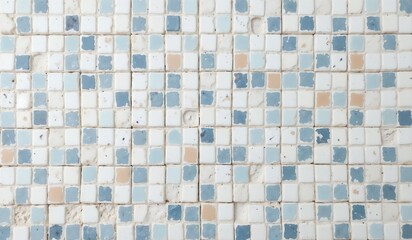 Fototapeta premium Tiled mosaic background, decorative blue, light blue, and beige square tiles arranged in a repetitive pattern, structured design