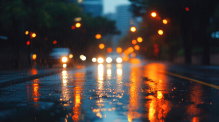 Blurred city lights reflecting on rainy street at twilight