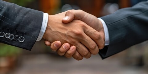 Obraz premium A firm handshake between two business professionals in formal attire, symbolizing agreement, partnership, and professional collaboration in a business setting