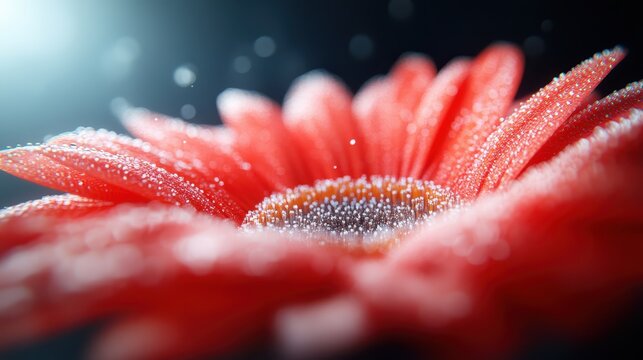 An enchanting close-up of a red flower showcasing shimmering dewdrops on its petals, encapsulating beauty and freshness while radiating vibrant and vivid colors.