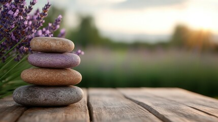 A visually appealing stack of purple and grey stones surrounded by flowers, conveying a sense of peace and natural beauty in an outdoor garden environment.