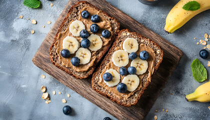 Buckwheat healthy bread with peanut butter, banana and blueberry on wooden board over concrete background. Top view. Flat lay. Summer breakfast
