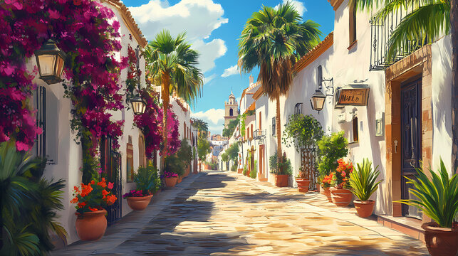 Fototapeta A sunny street lined with palm trees and bougainvillea in a spanish town. Wroughtiron. Illustration