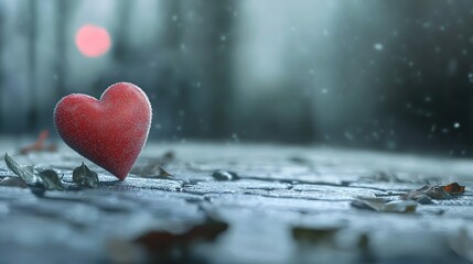 Fototapeta premium Red Heart, Leaves, Snowy Ground, Forest Middle
