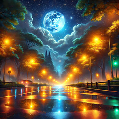 Fototapeta premium Street Light with Reflection in Water Puddles