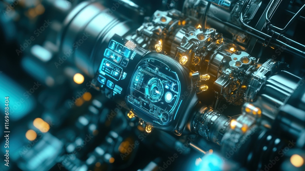 Poster futuristic engine displaying advanced technology