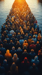 Obraz premium A large group of people, standing closely together on a narrow pathway surrounded by water, captured at sunrise, creating a striking convergence effect.