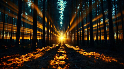 Sunbeams through forest trees at sunrise.