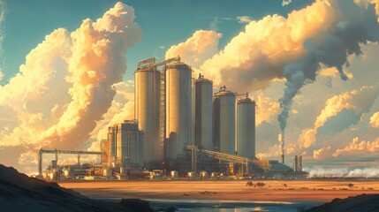 Industrial Complex Under a Dramatic Sunset Sky