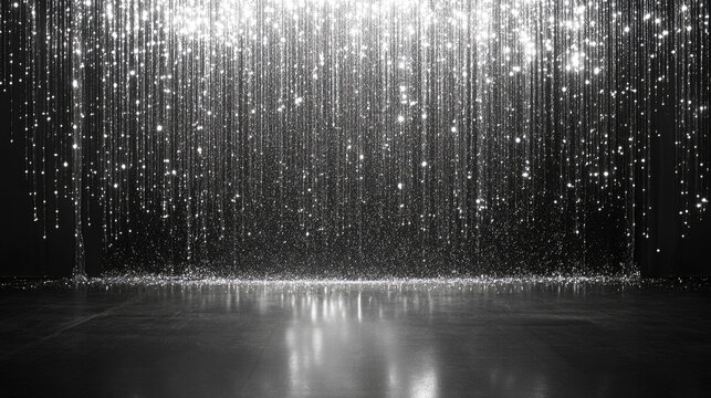 Sparkling silver glitter curtain with reflections on black background