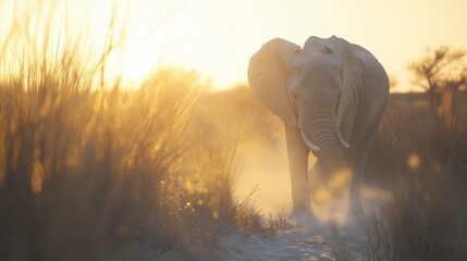 Elephants Walking on Dusty Trail in Savannah Light
