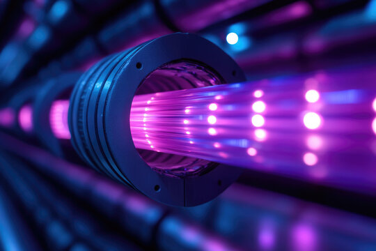 A close-up of vibrant purple light fibers within a metallic conduit, showcasing technological advancement.